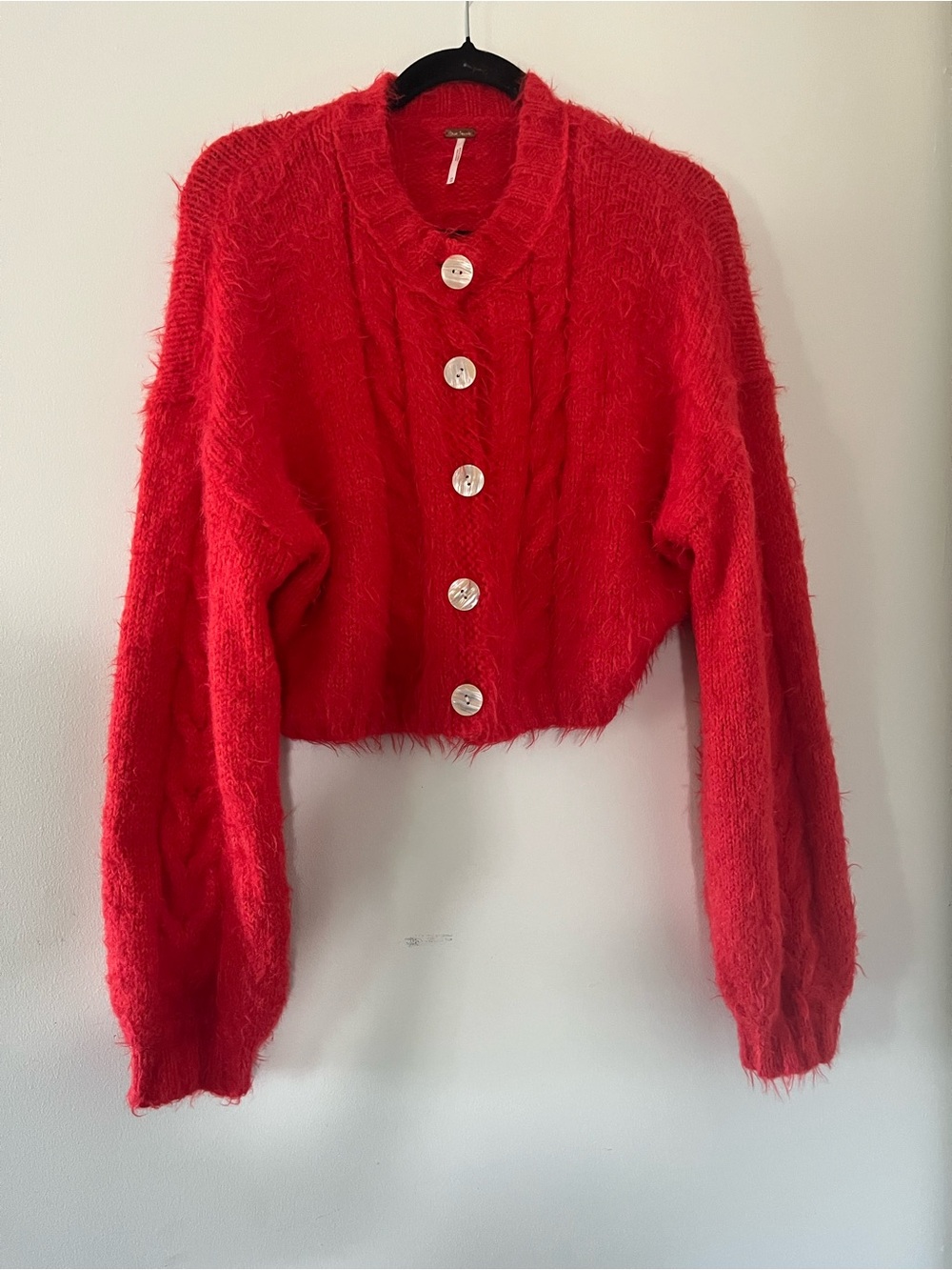 Free People Red Wool Blend Fuzzy Button Up Cropped Cardigan Sweater Medium
